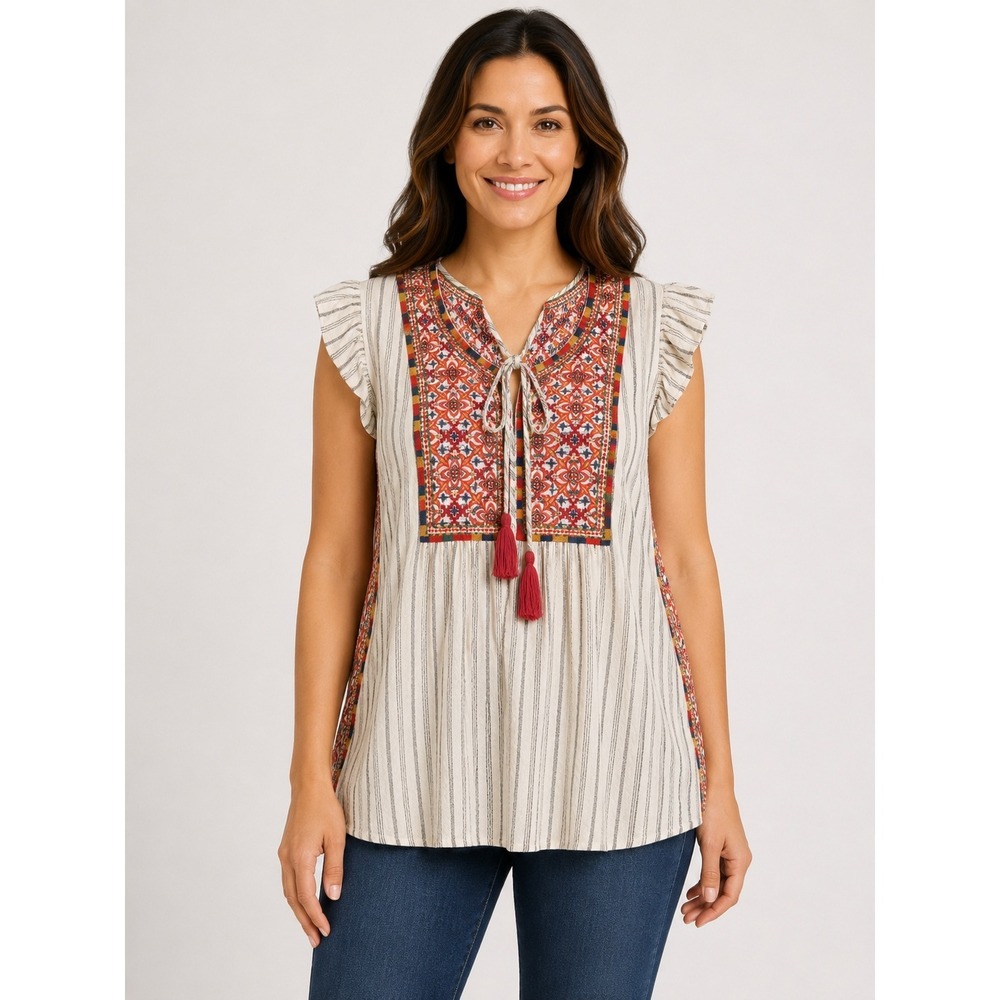 Savanna Jane Embroidered Top Womens 1X White‎ Striped Boho Ruffle Sleeve P16631